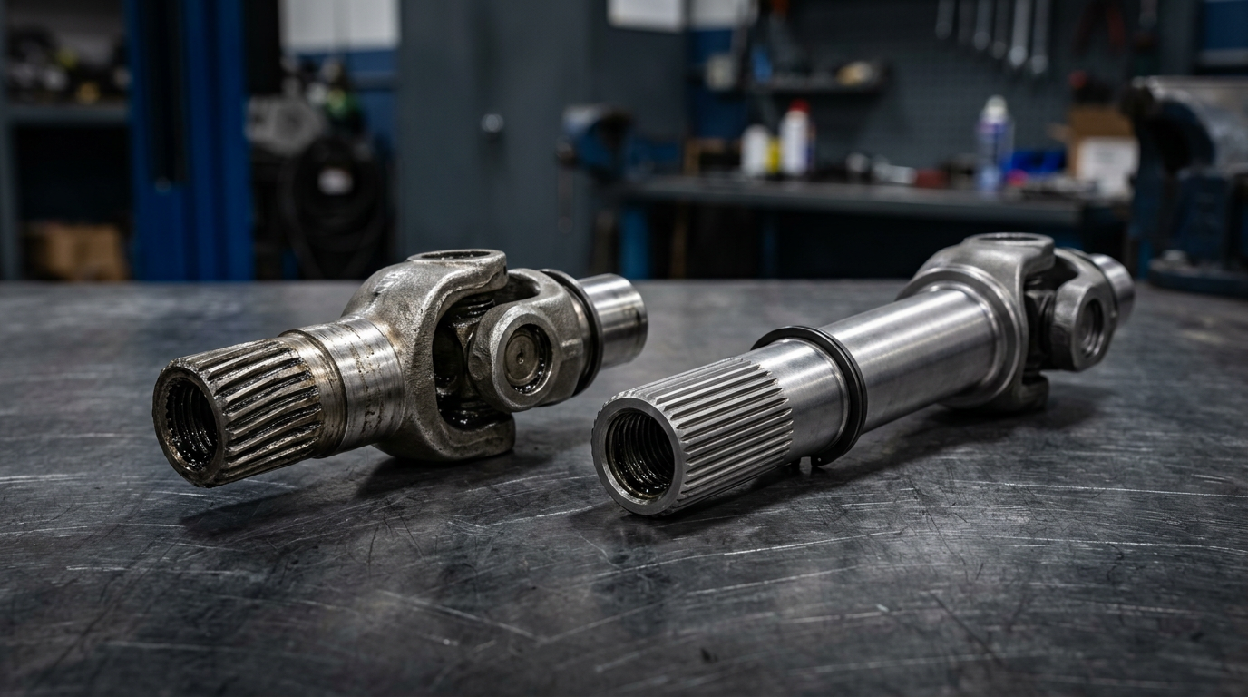 Close-up comparison of a short marine sterndrive input yoke shaft and a longer new-style yoke shaft side by side on a workbench