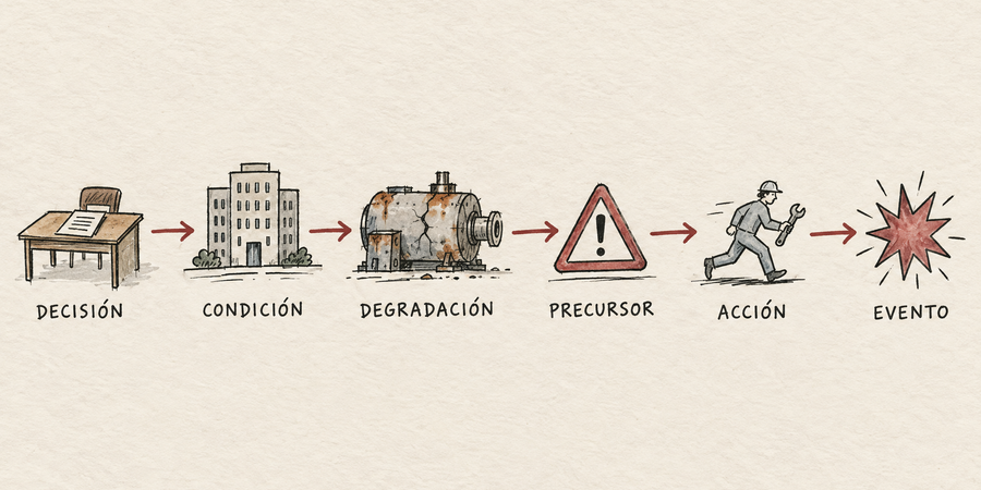 Diagrama dibujado a mano que muestra la cadena: Decisión, Condición, Degradación, Precursor, Acción, Evento.