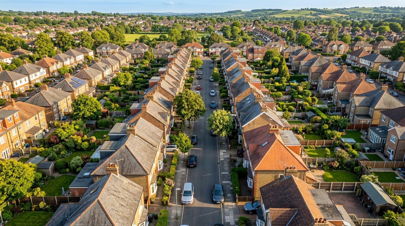 Aerial view of a UK residential street with neat rooftops