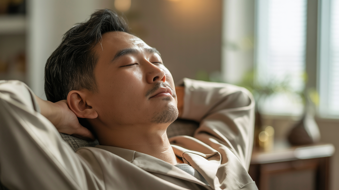 A man in a deeply relaxed, peaceful meditative state, representing the calm, focused awareness of hypnotherapy