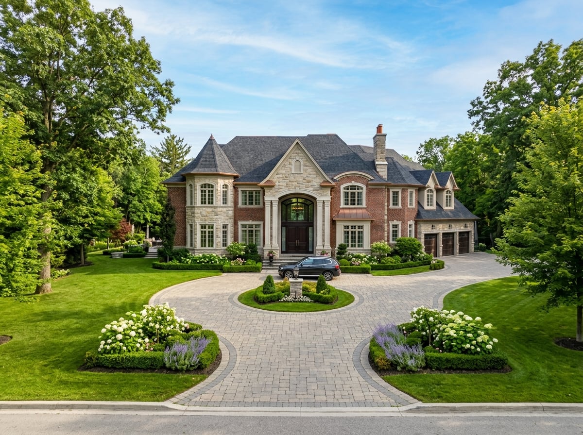 Luxury custom estate home in Kleinburg, Vaughan with mature trees and a stone-and-brick facade