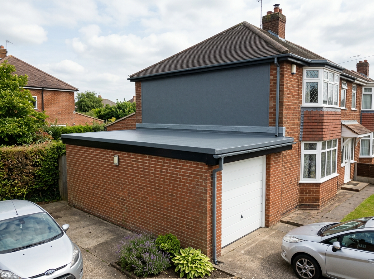 GRP fibreglass flat roof on a brick garage