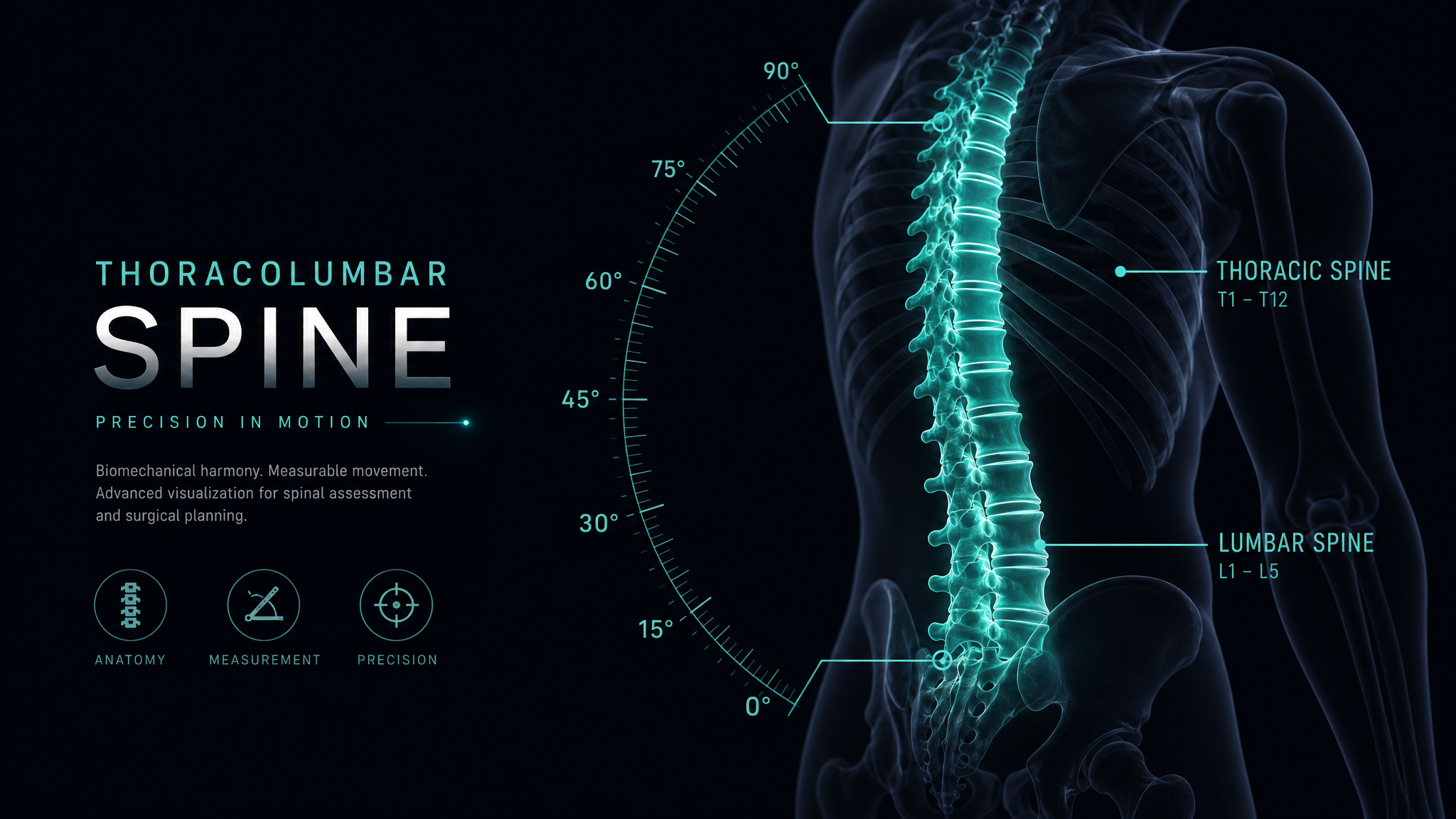 Dark labeled teaching diagram of the thoracolumbar spine showing the T1 through T12 and L1 through L5 vertebrae with a goniometer arc illustrating forward flexion measurement