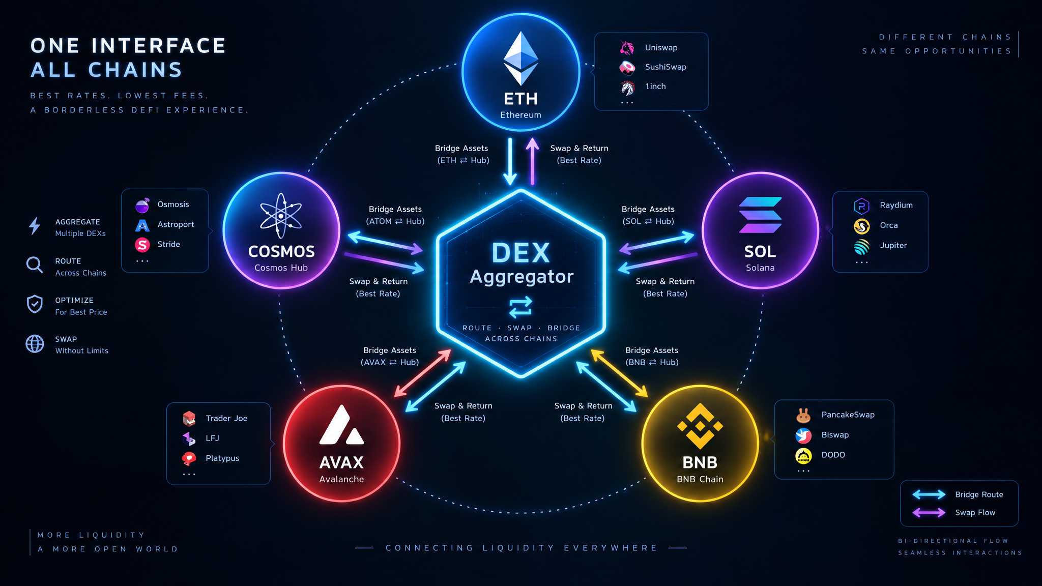Cross-chain DEX aggregator routing diagram illustrating how best DEX aggregators in 2026 route trades across multiple blockchains