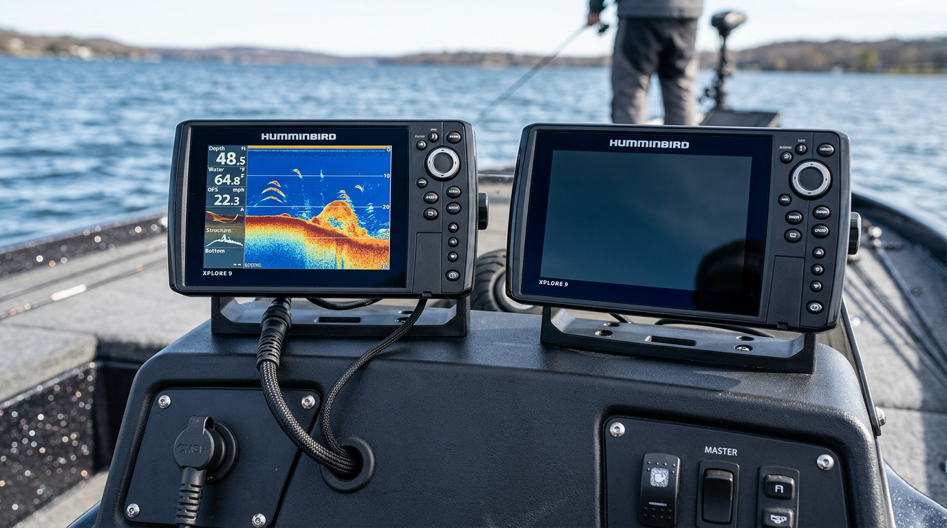Two Humminbird XPLORE 9 fish finder units side by side, one with CMSI+ transducer attached and one as control head only
