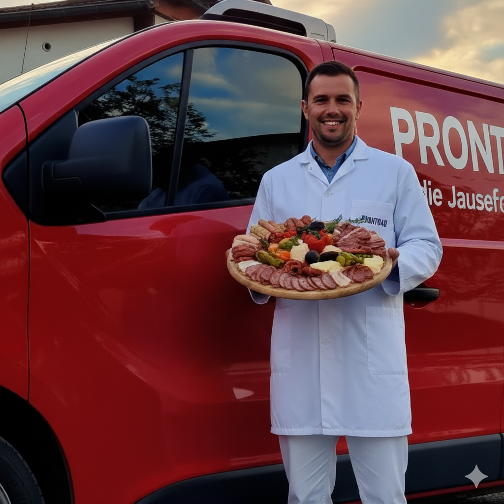 PRONTO4H Zustelldienst - Lieferant mit Jause-Platter vor rotem Lieferfahrzeug