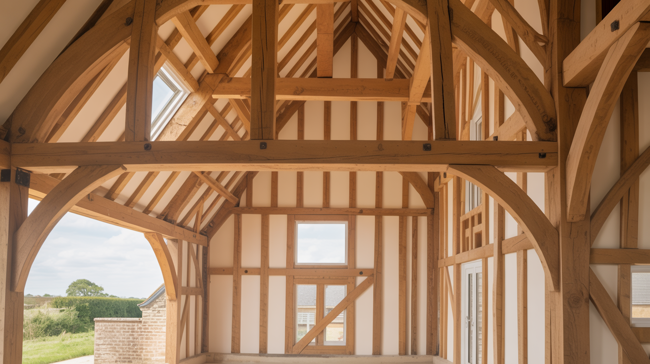 Barn conversion project showing traditional oak timber frame blended with modern design