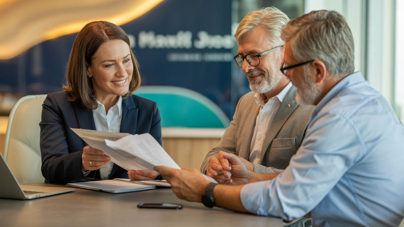 Financial advisor reviewing retirement planning documents with a client couple