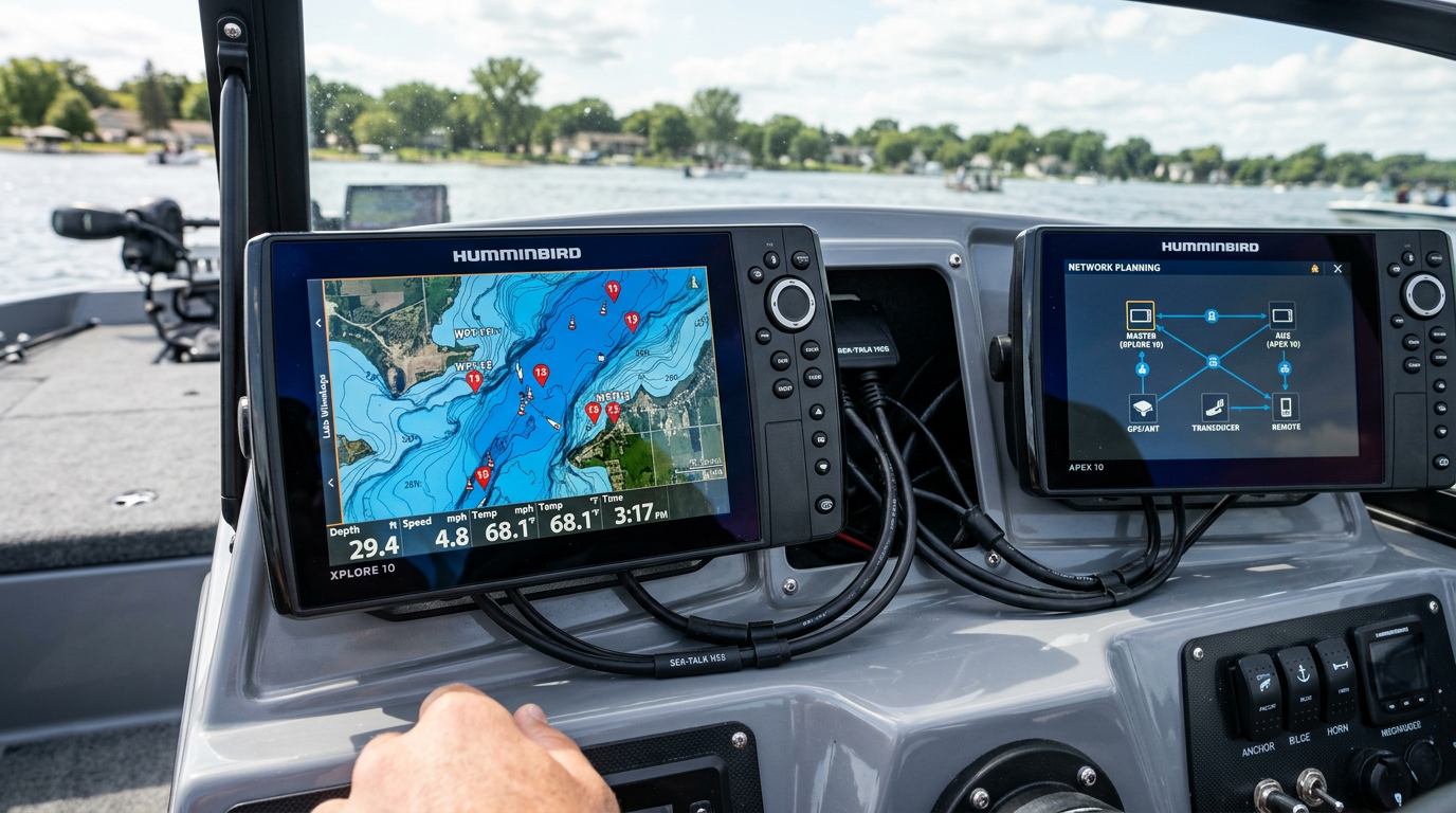 Humminbird XPLORE 10 fish finder displaying a lake map with waypoints connected via network cables to another marine display