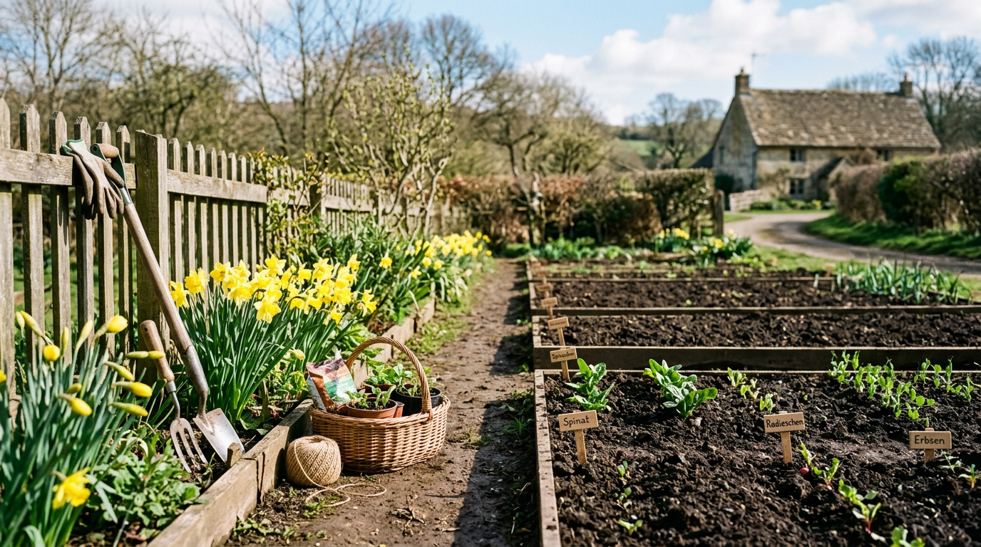 March garden — a spring scene in a temperate Central European vegetable garden