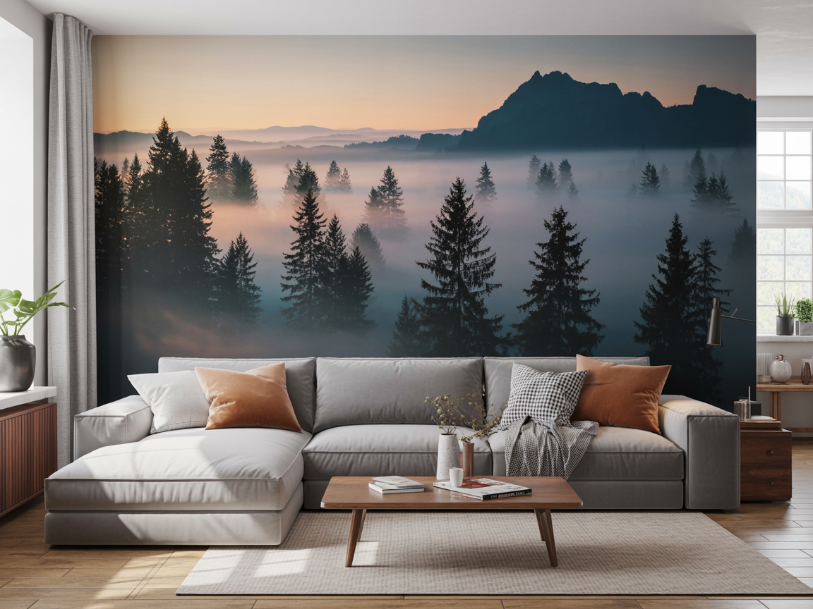 Fotorealistische Berglandschaft als Wanddruck im Wohnzimmer