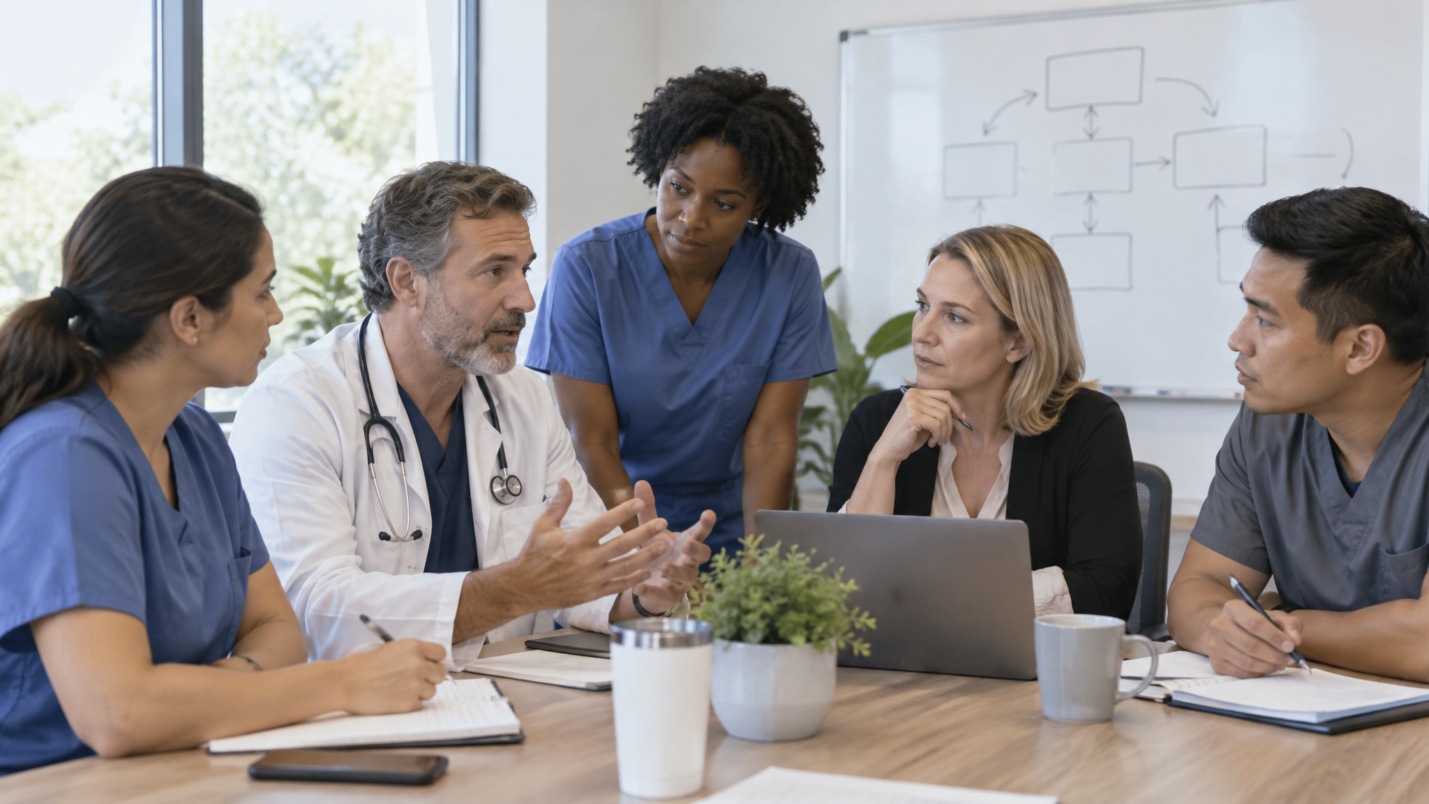 Small physician practice team meeting to discuss staffing and care management workflow