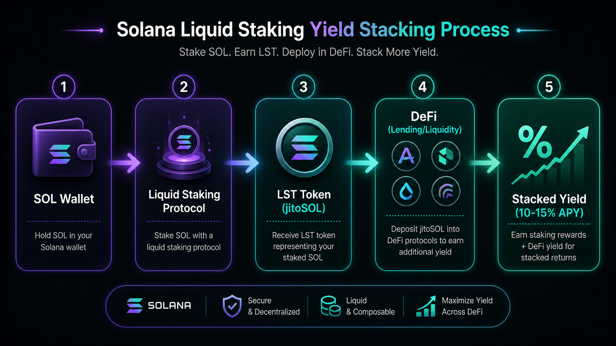 Solana liquid staking DeFi yield stacking flow diagram SOL to jitoSOL to Kamino lending 2026