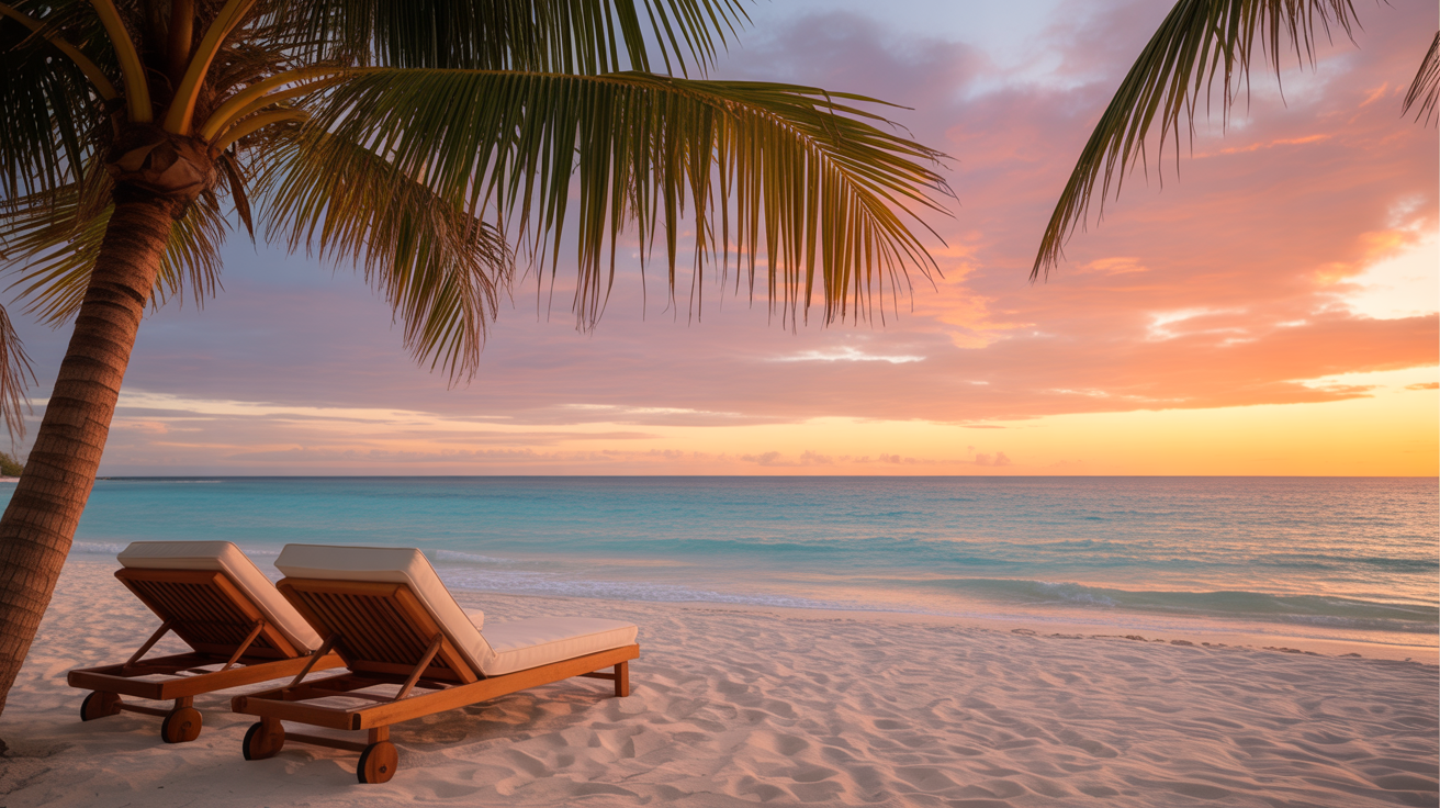 Palm-framed tropical sunset beach with loungers