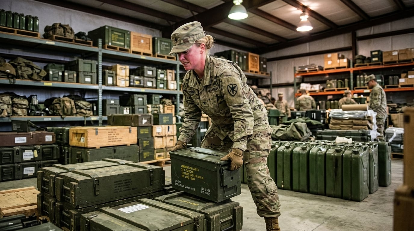 A woman soldier under heavy load-bearing strain