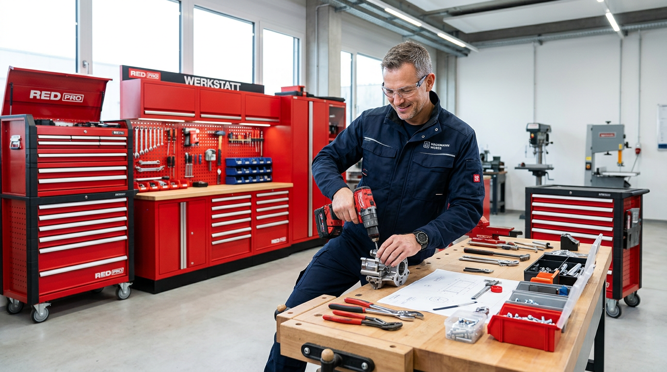 Handwerker bei der Arbeit mit professionellen Werkzeugkoffern