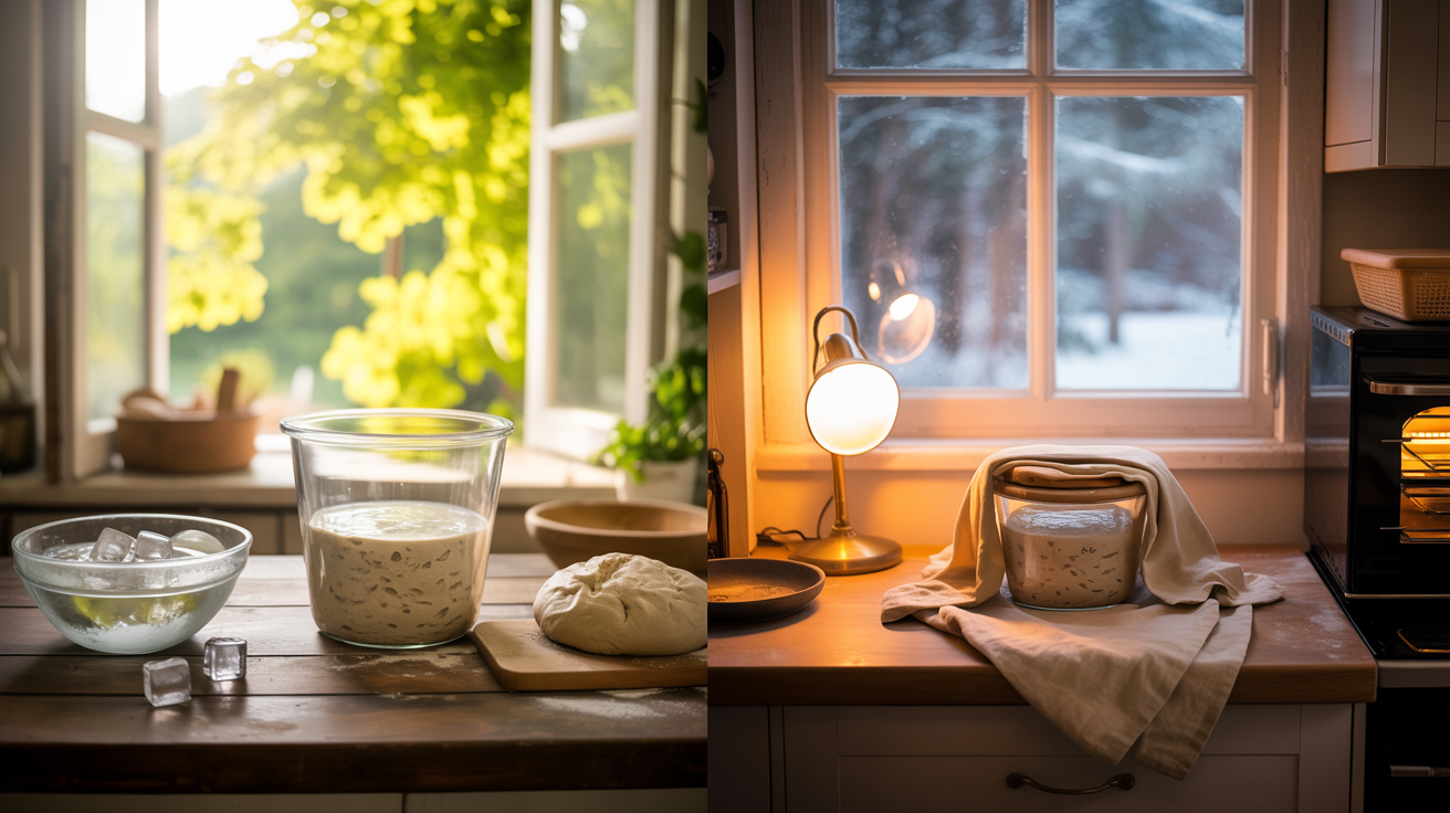Split composition contrasting a bright sunlit summer kitchen with cold water and ice next to a bulk dough container, against a cosy winter kitchen with the same dough wrapped in a warm towel on top of an oven and frost on the window