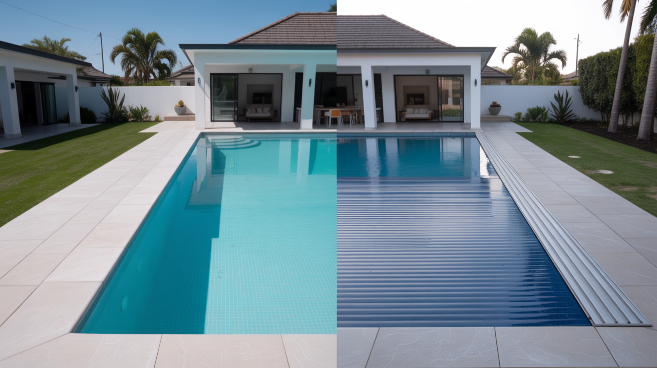 Before and after pool cover installation showing transformation