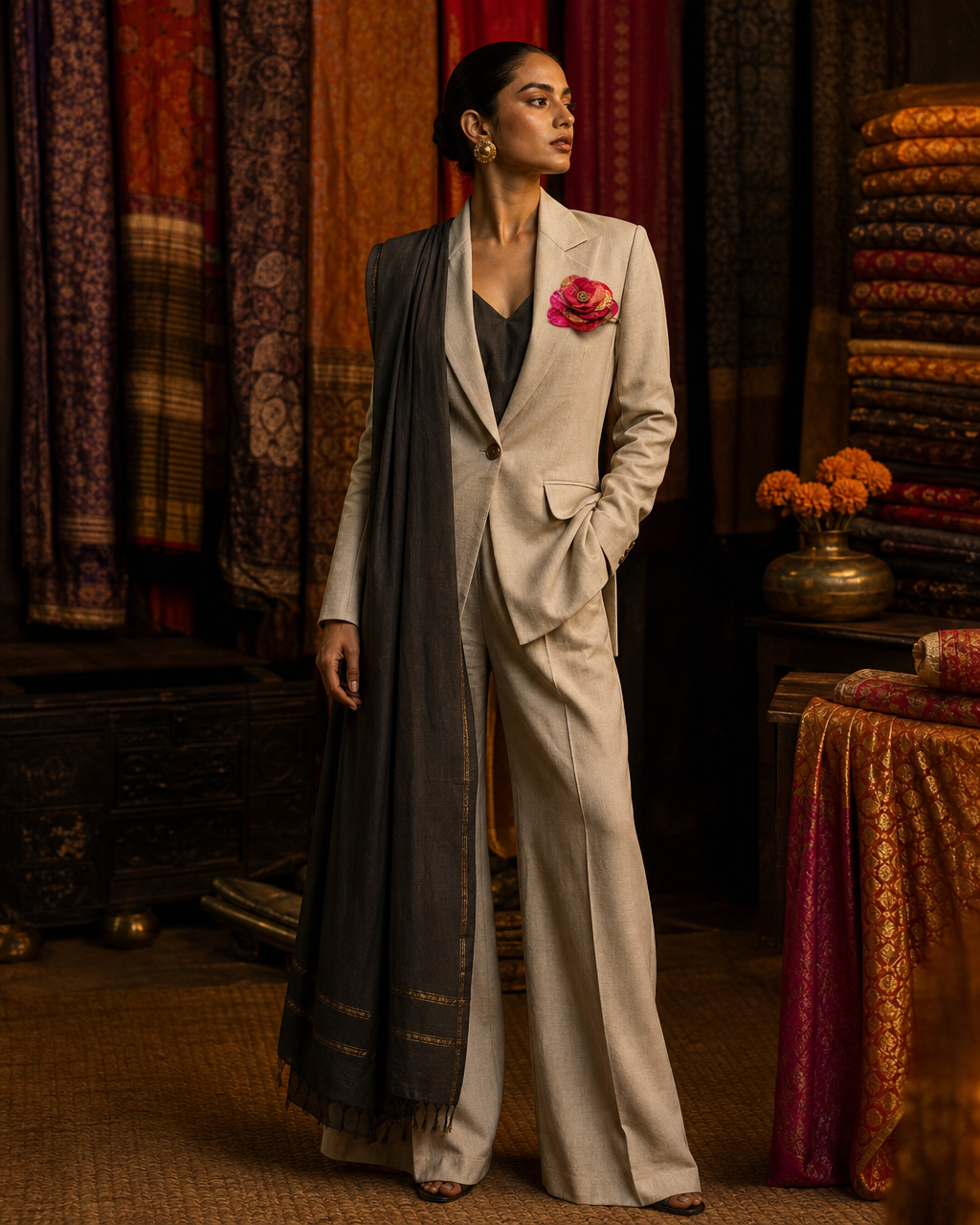 Model wearing the Dhaka Bloom brooch