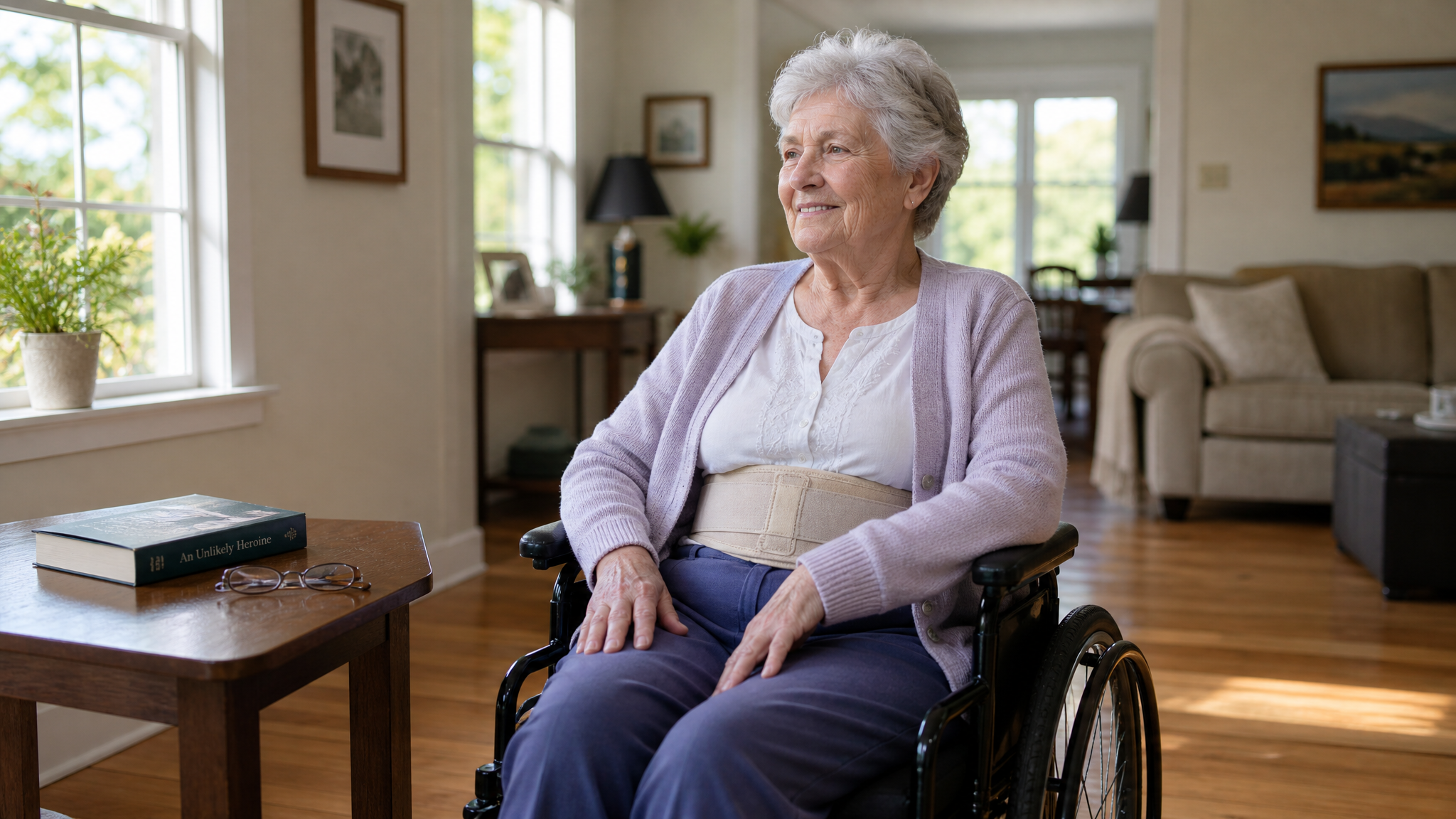 A senior White female veteran using a manual wheelchair at home in everyday clothing, illustrating how mobility equipment wears on garments