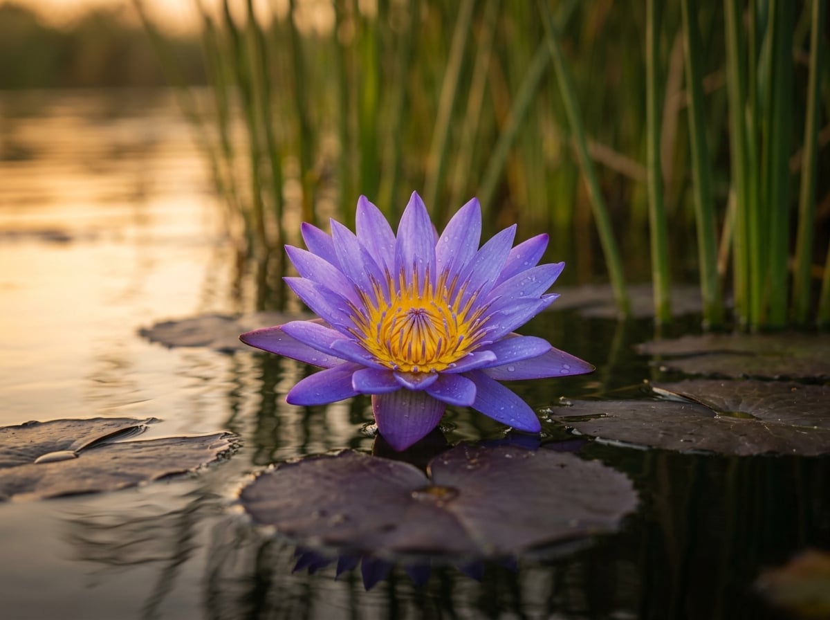 Macro photograph of blue Nile lotus (Nymphaea caerulea) with papyrus reeds in background