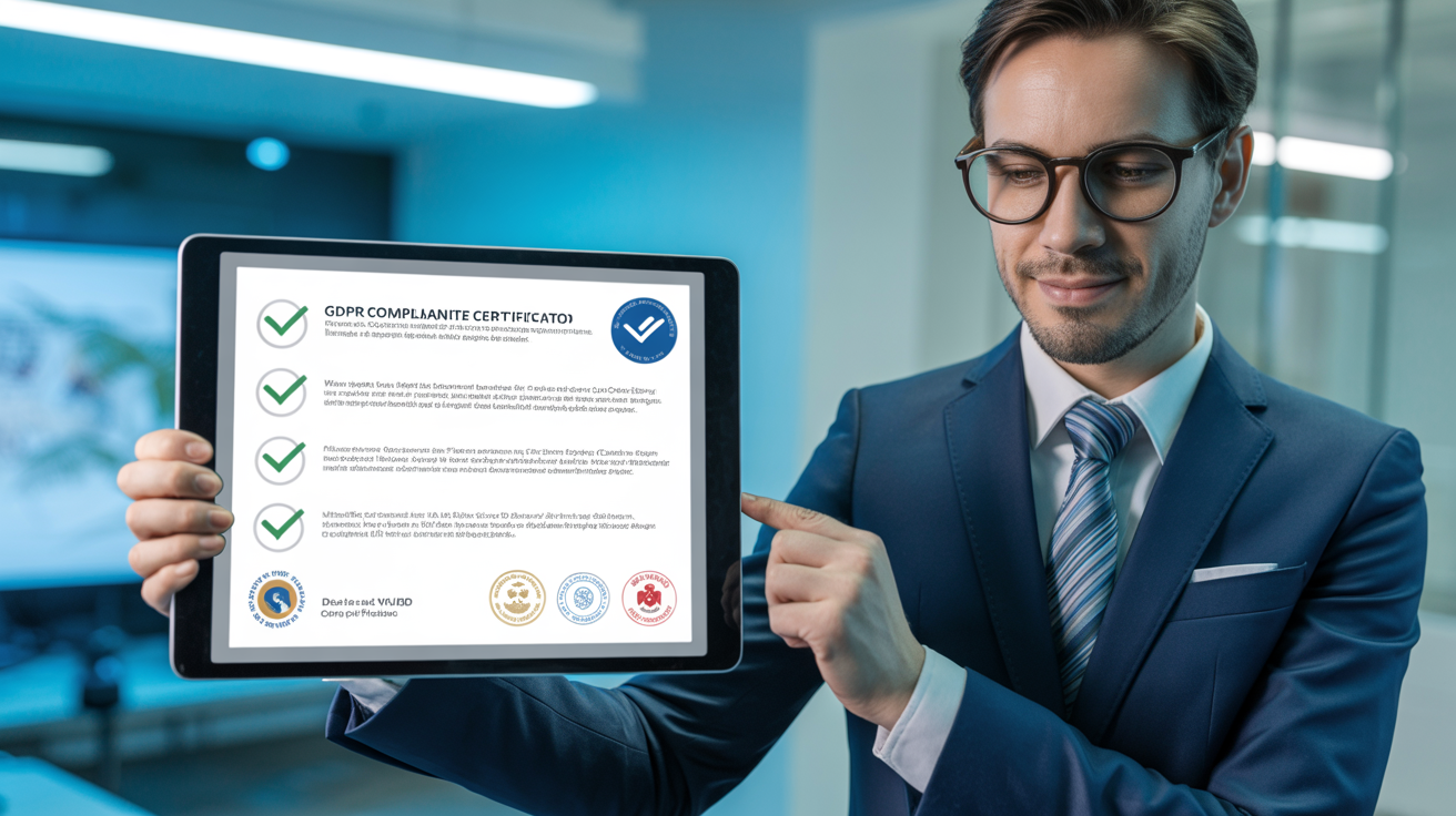 DSGVO-Compliance-Zertifikat auf Tablet angezeigt