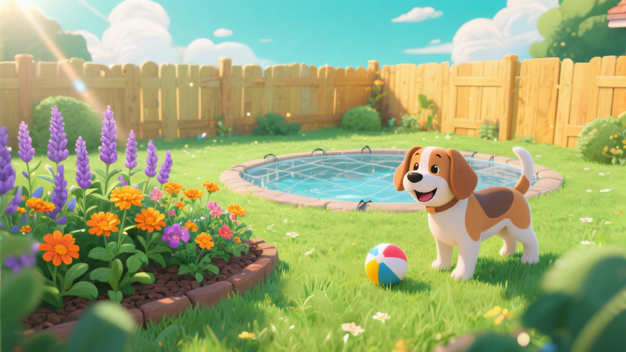 Happy dog in a safe colorful fenced backyard with vibrant colors and protective features