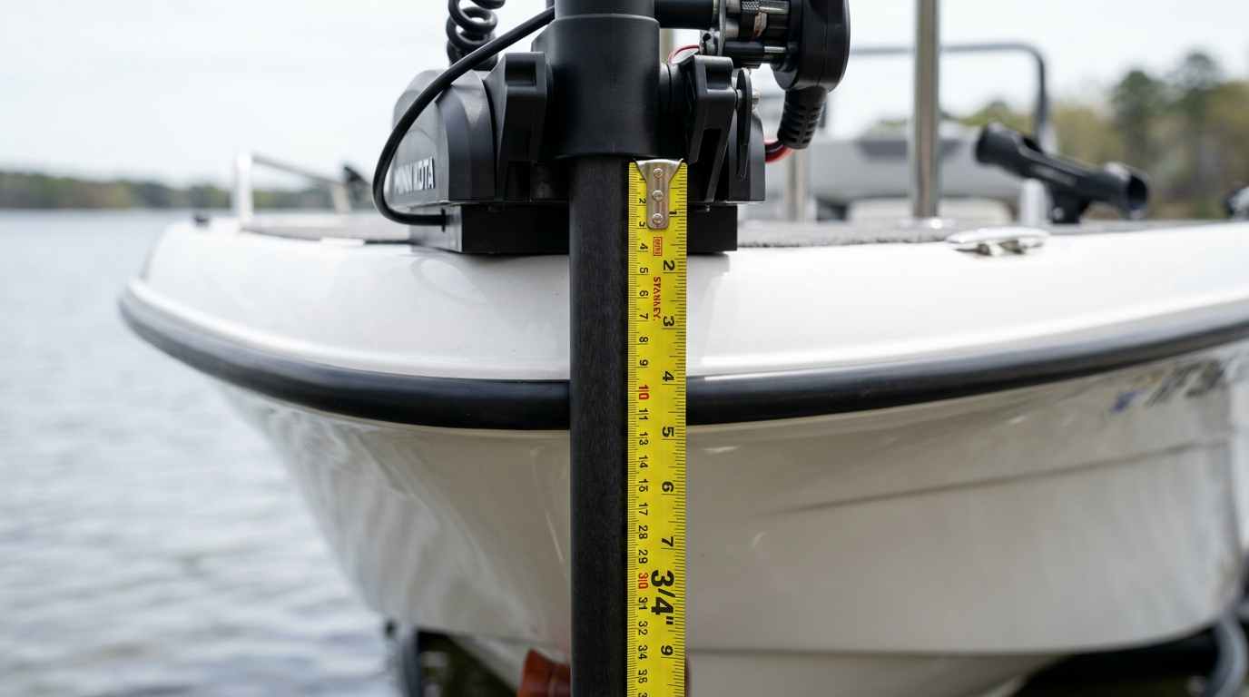 Close-up of a trolling motor shaft being measured with a tape measure against a boat bow
