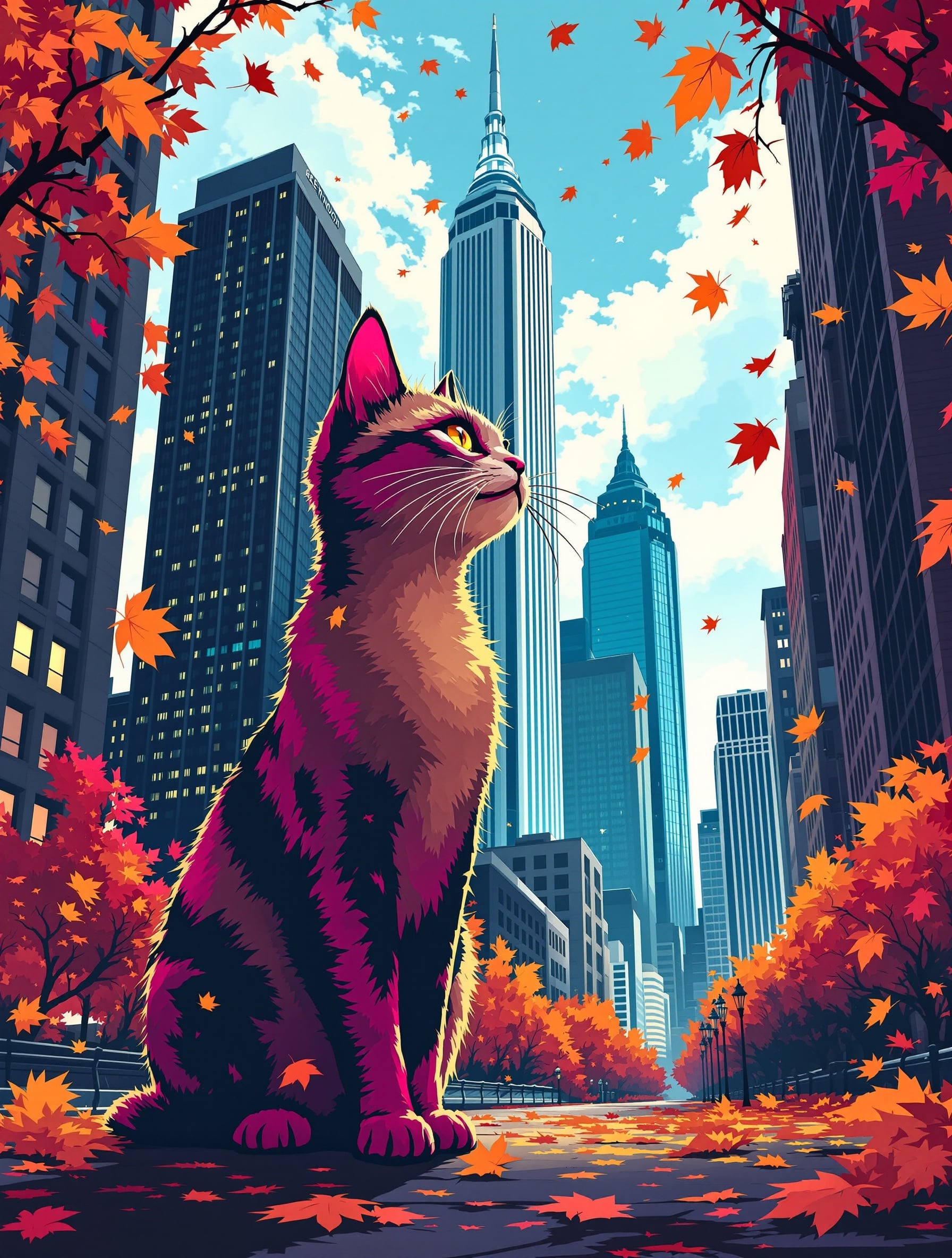 November artwork - anime cat in Detroit cityscape