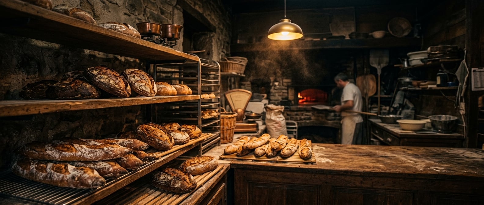 Dark moody bakery with golden baguettes