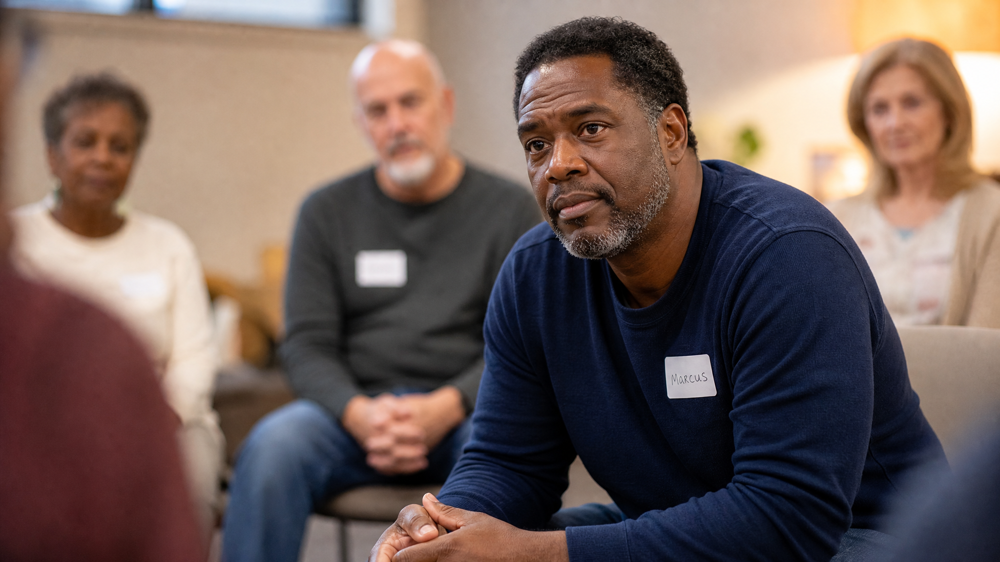 A Black male family caregiver taking part in a supportive caregiver group session