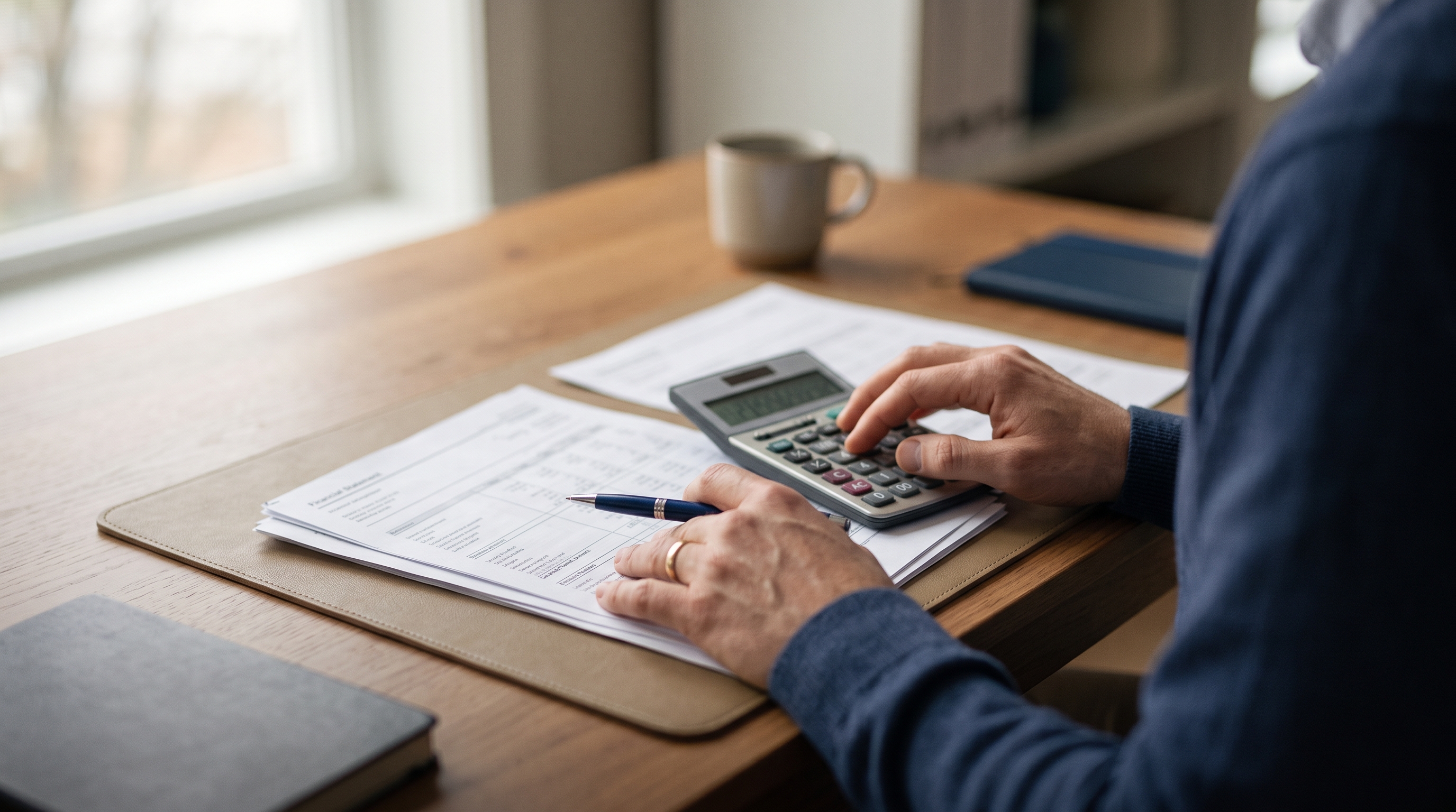 A finance clerk calculating military retired pay at a desk