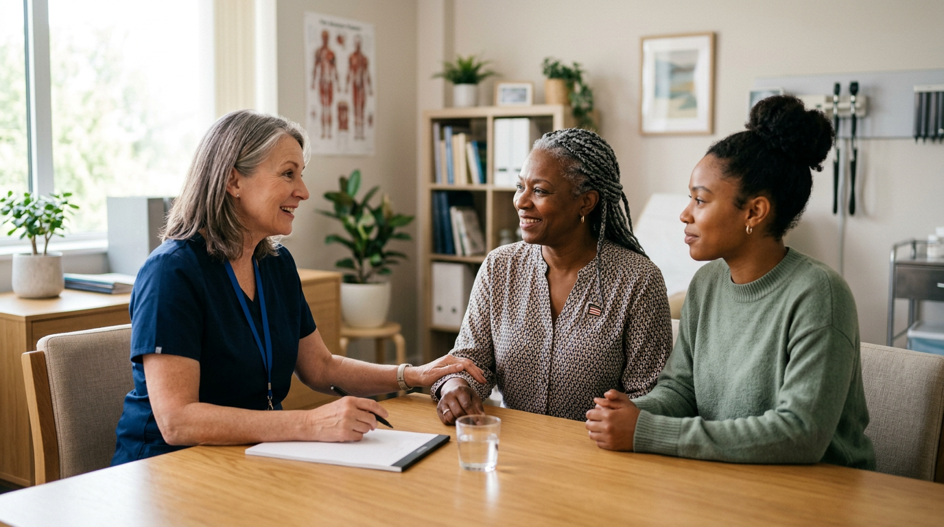 A family doctor talking with a veteran mother and her adult daughter
