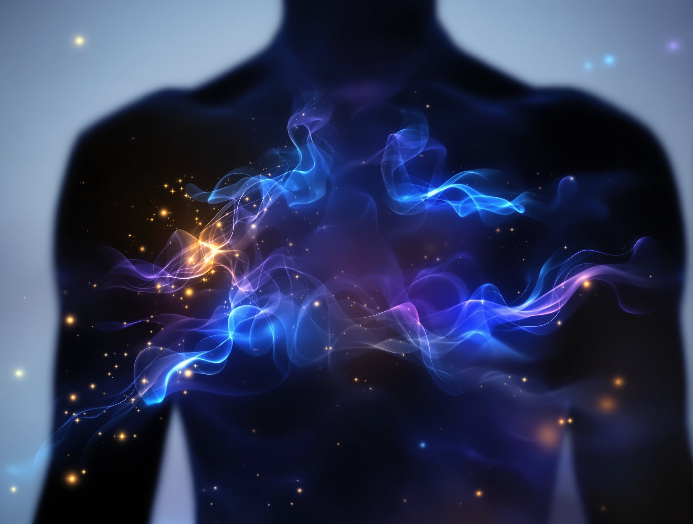 Apstraktni prikaz energije koja prolazi kroz ljudsko telo u predelu grudi sa svetlosnim talasima i vibracijama