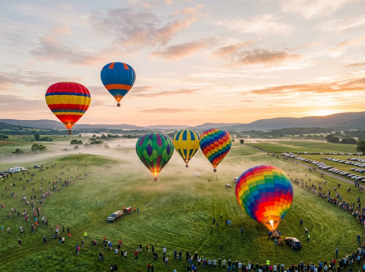 Mehrere bunte Ballone starten im Morgennebel