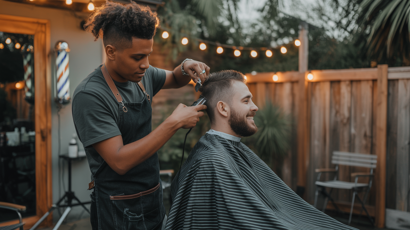 Freelance mobile barber cutting hair at a client's home