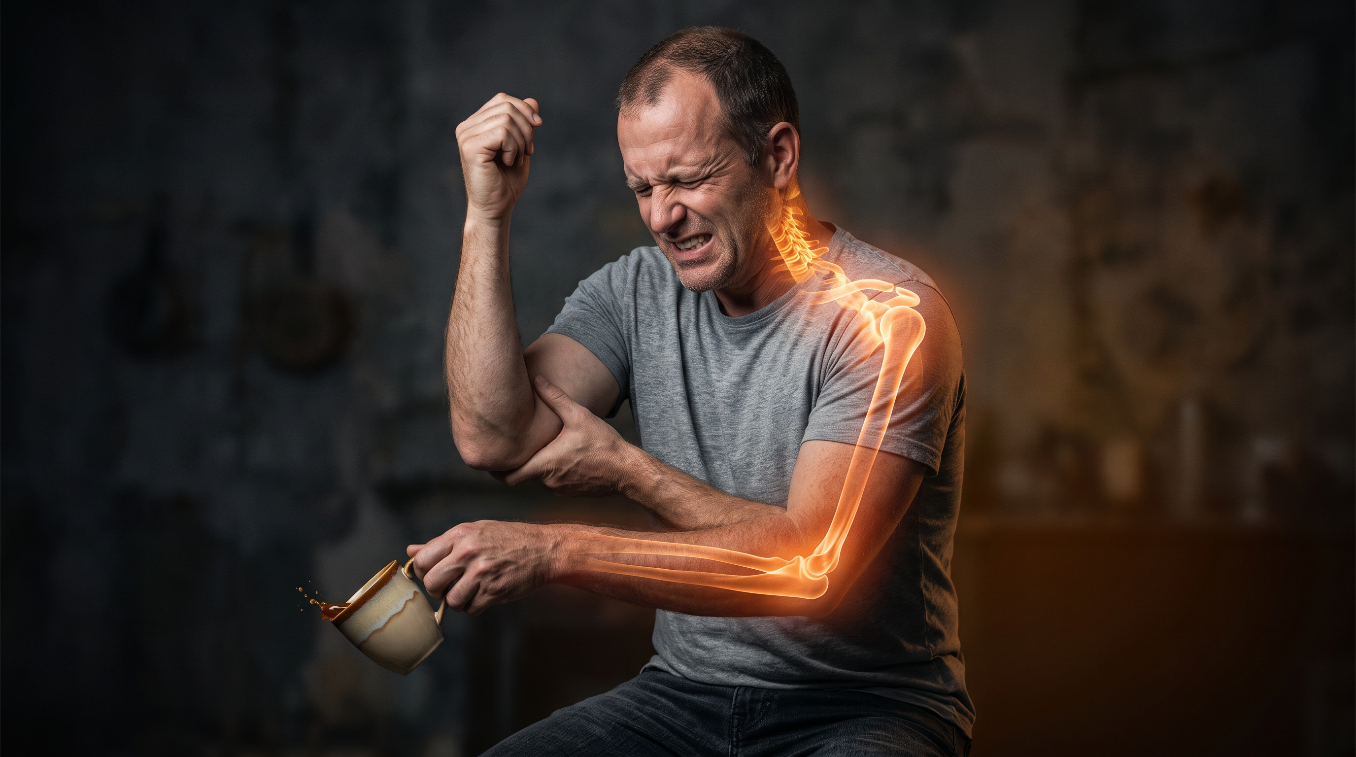 A white man in his forties wincing as a coffee cup slips from his weakened hand, a hot-orange nerve glow tracking from his neck down the arm to the fingers