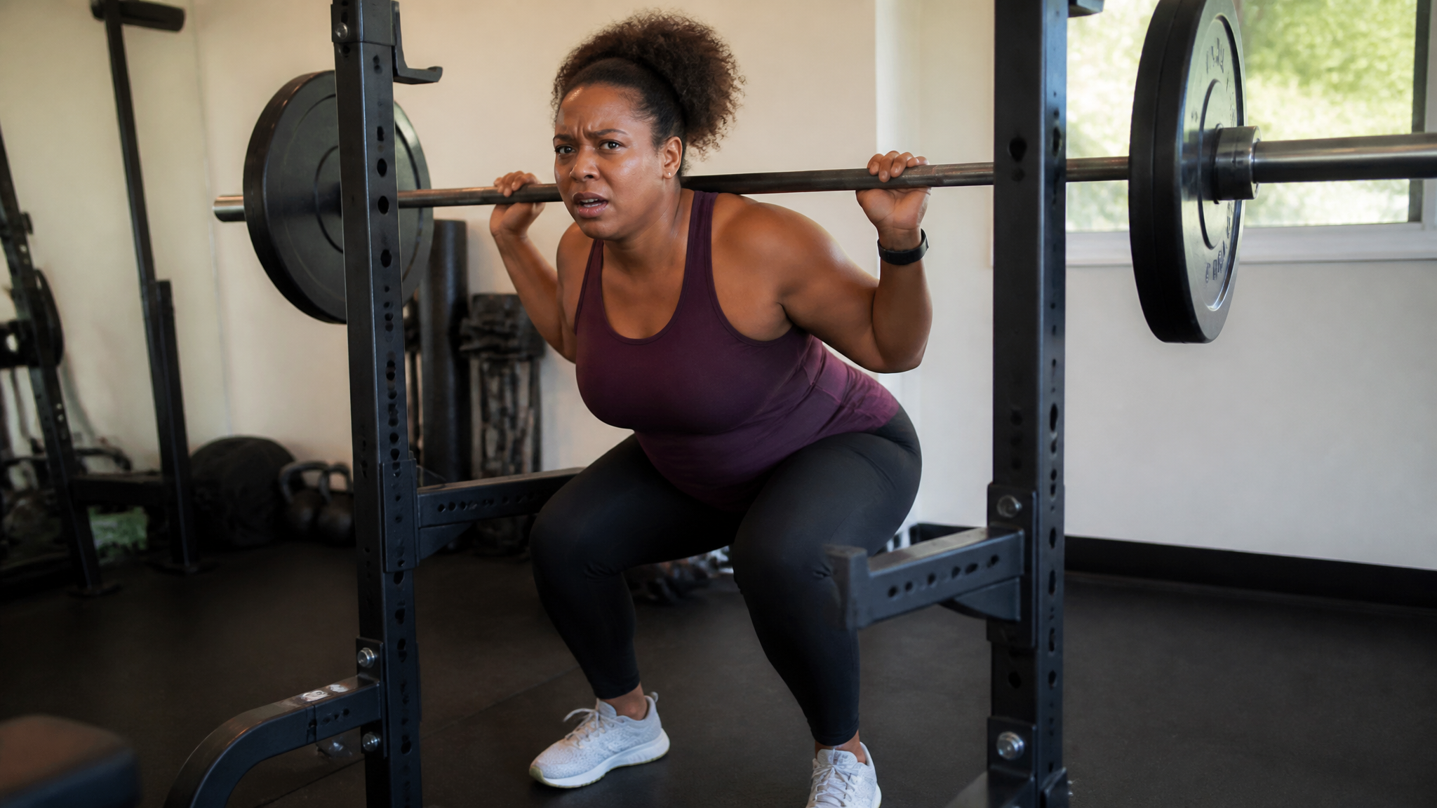 Photograph of a person unable to fully squat because something mechanically blocks the motion, stuck partway down