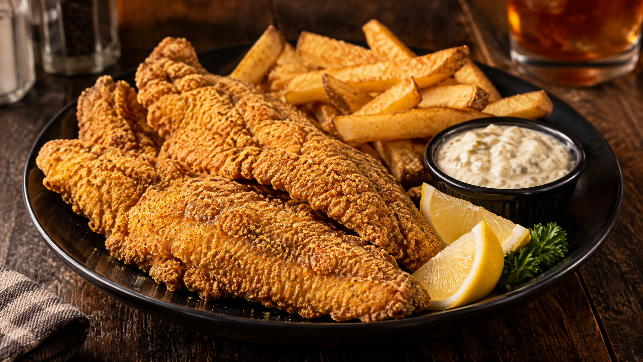 Golden crusted fried fish fillets with french fries