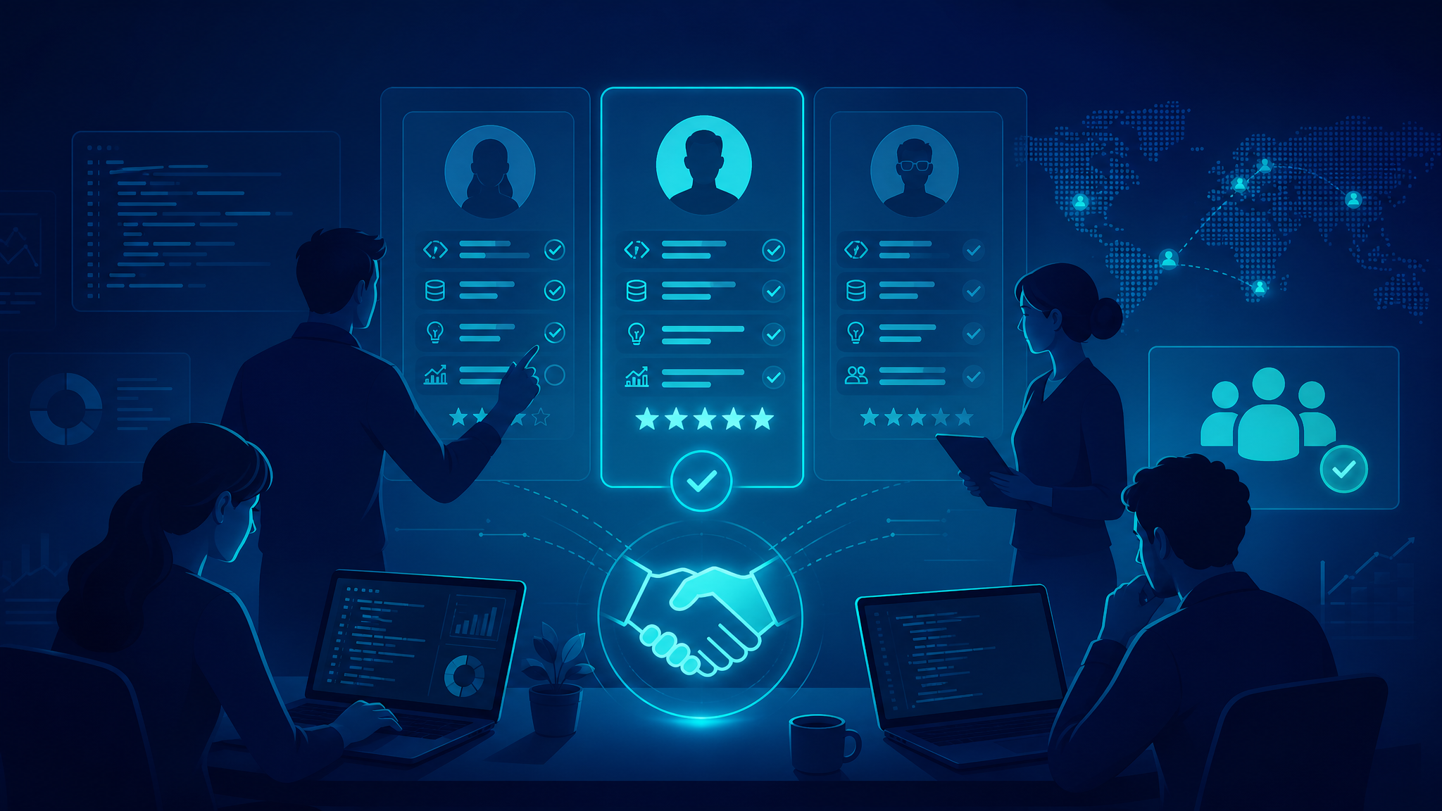 Illustration of the steps involved in hiring a web app development team