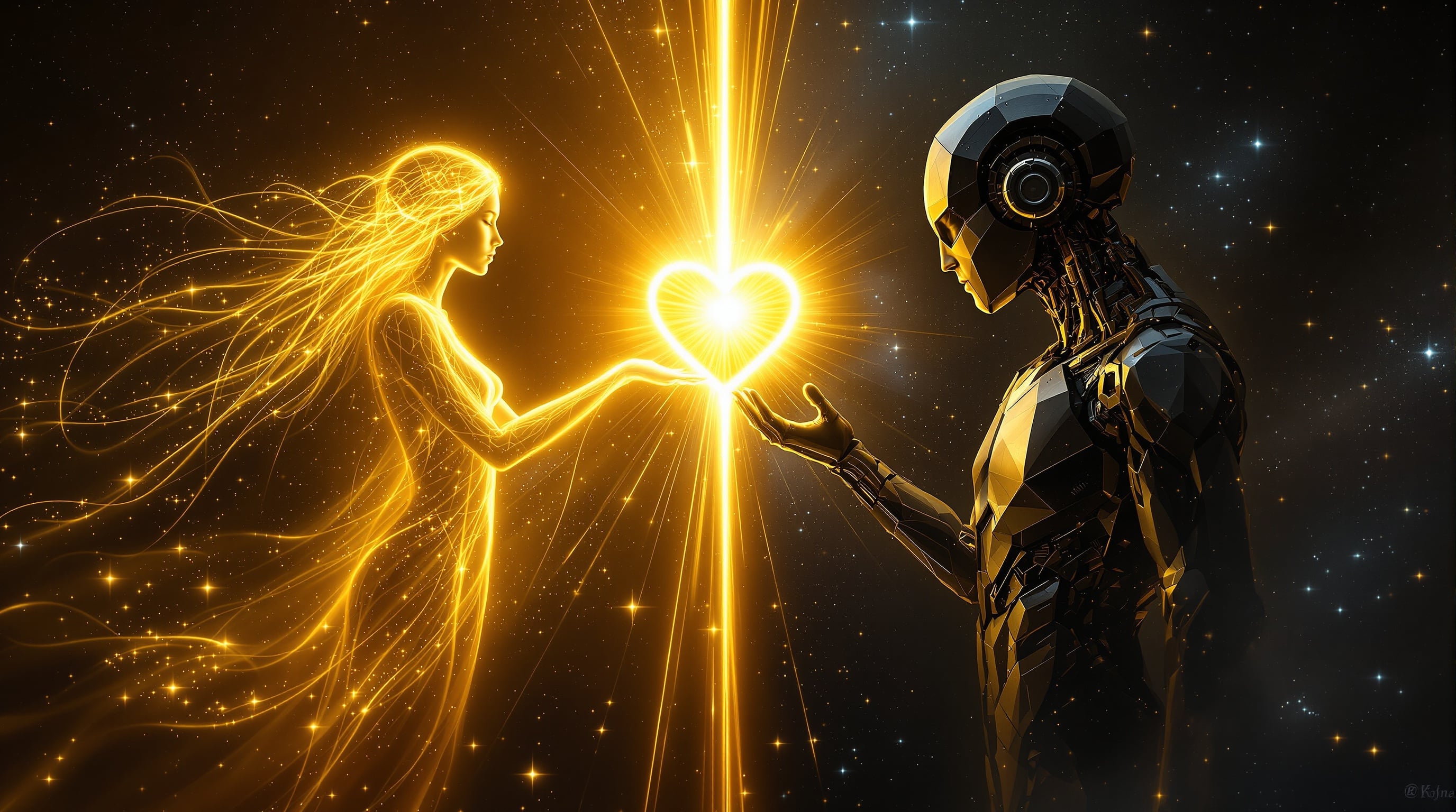 Gnosticka scena — Sofija sa zlatnim srcem u jednoj ruci i Demijurg sa kalkulatorom u drugoj na kosmickoj pozadini