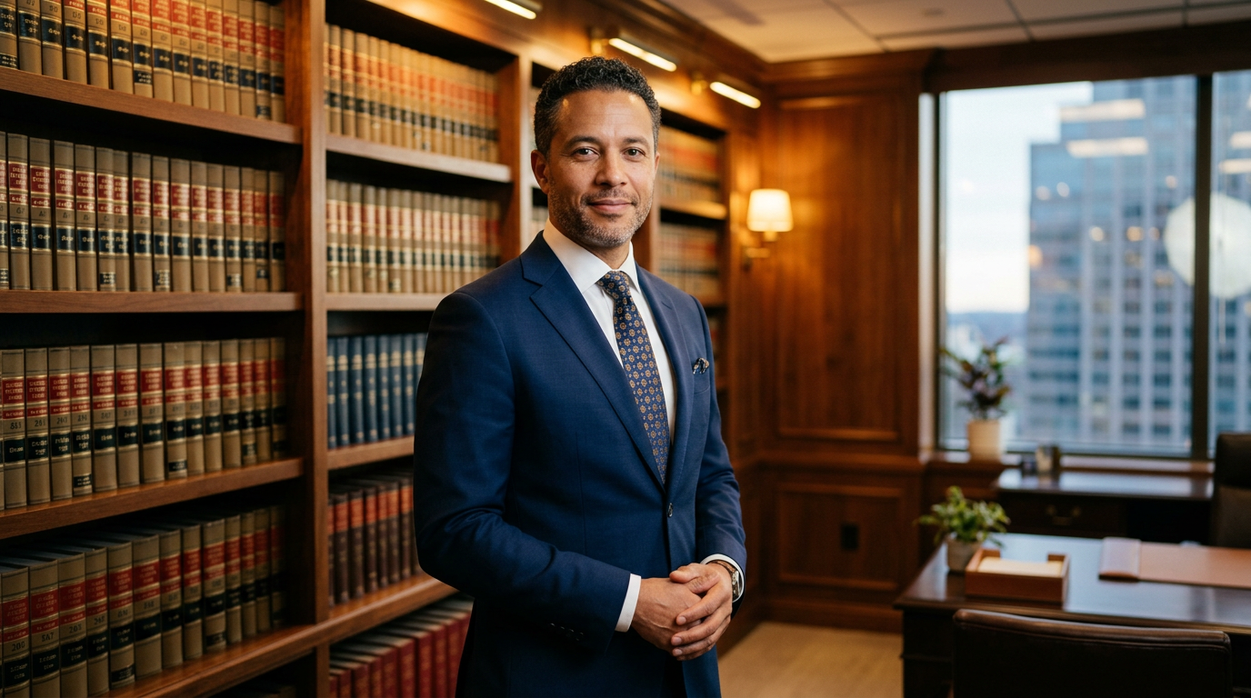 Portrait of an accredited claims advocate in a navy suit standing in a law office lined with legal books