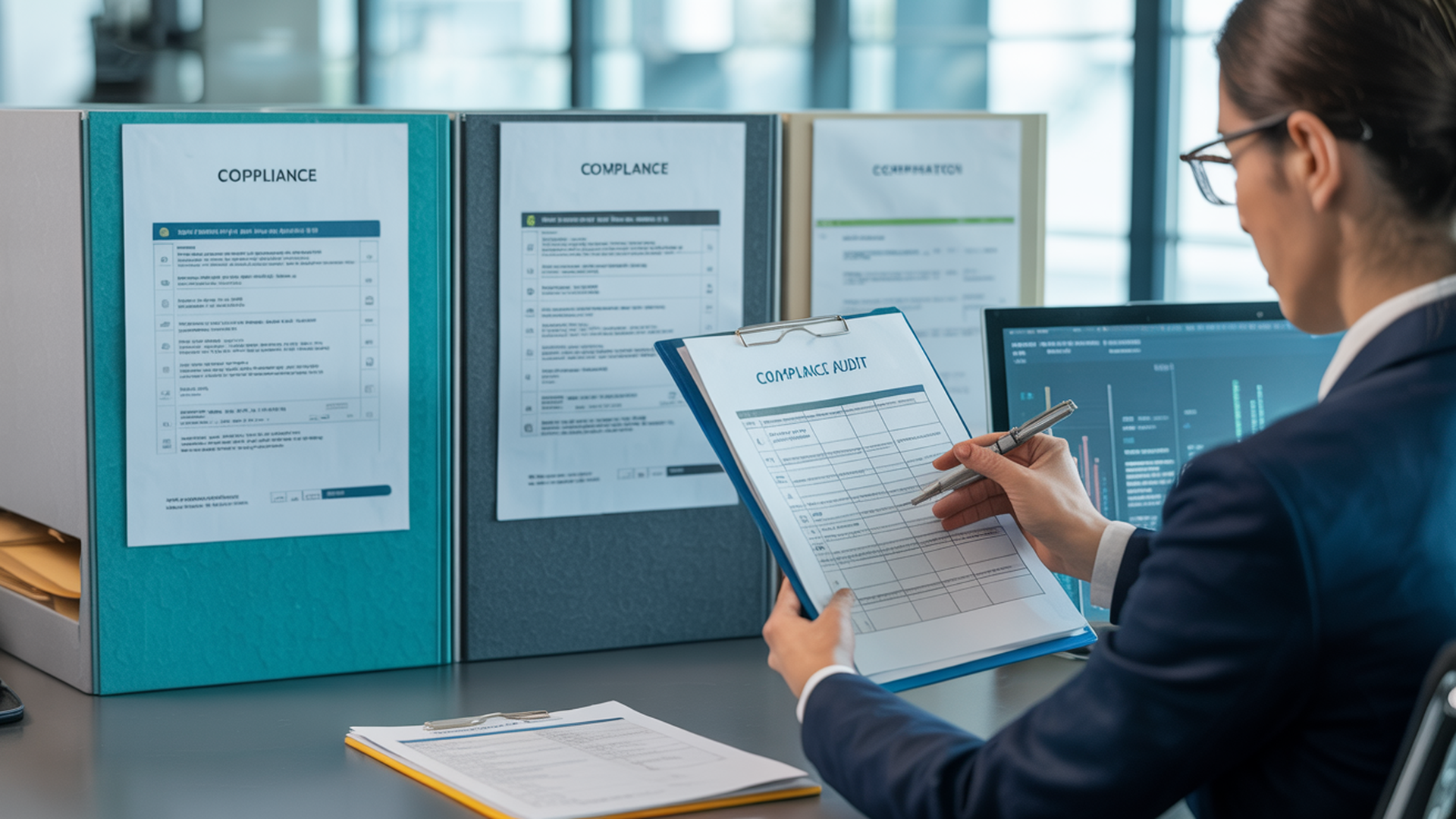 Professional compliance audit documentation in organized office setting