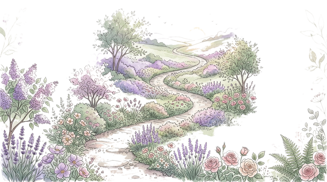 Ilustração aquarela: caminho sinuoso por jardim florido em tons lilás