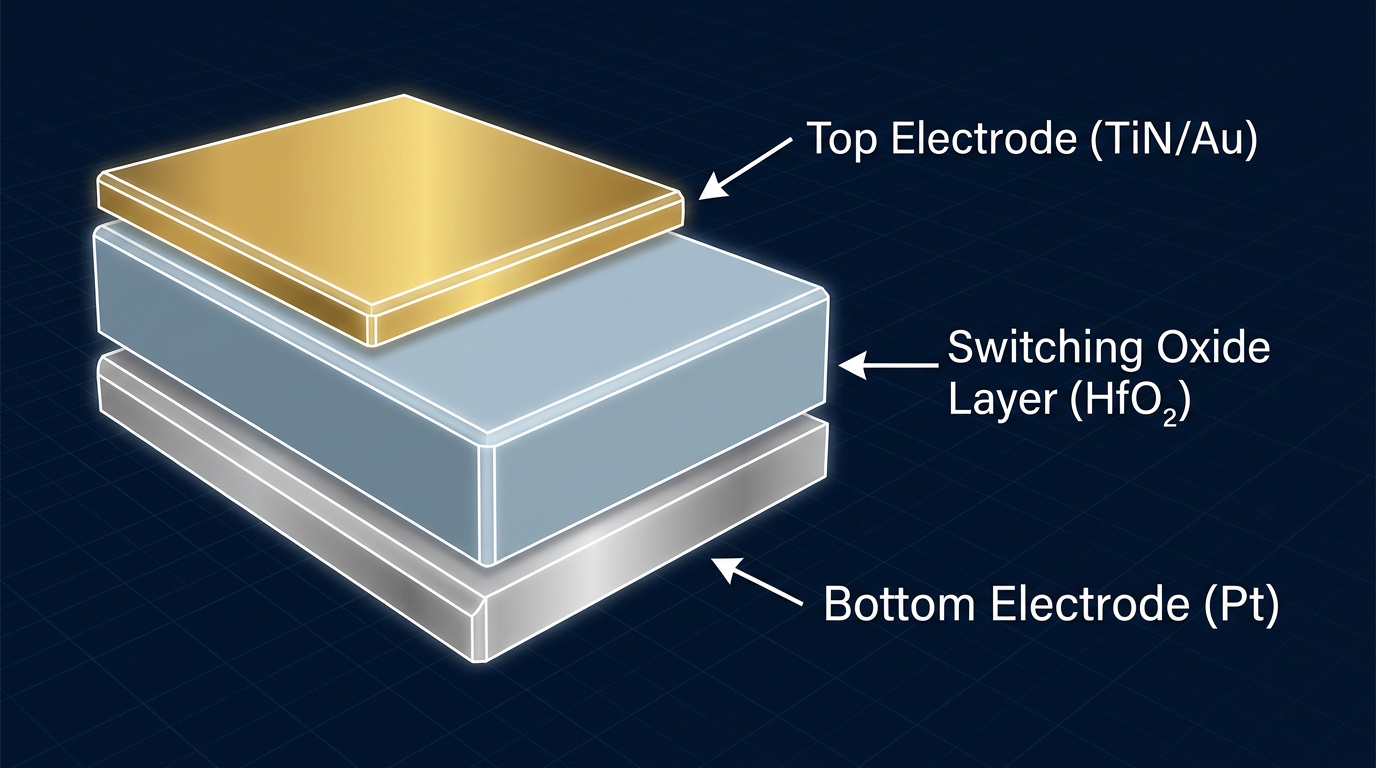 Diagramme en coupe 3D d'une cellule RRAM montrant l'empilement électrode supérieure TiN/Au, couche de commutation HfO₂, électrode inférieure Pt
