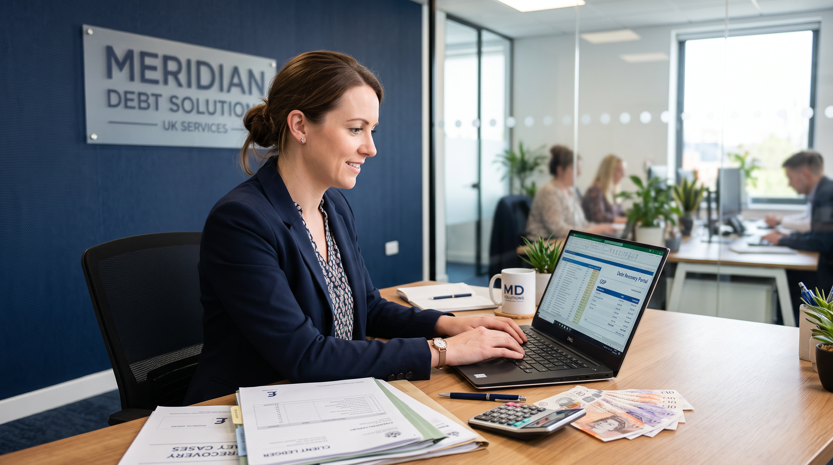 Debt recovery specialist working at a laptop with financial documents and pound sterling notes