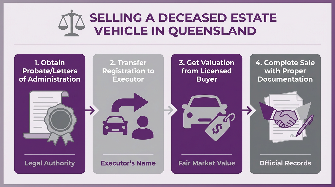 Infographic showing the legal process for selling a deceased estate vehicle in Queensland
