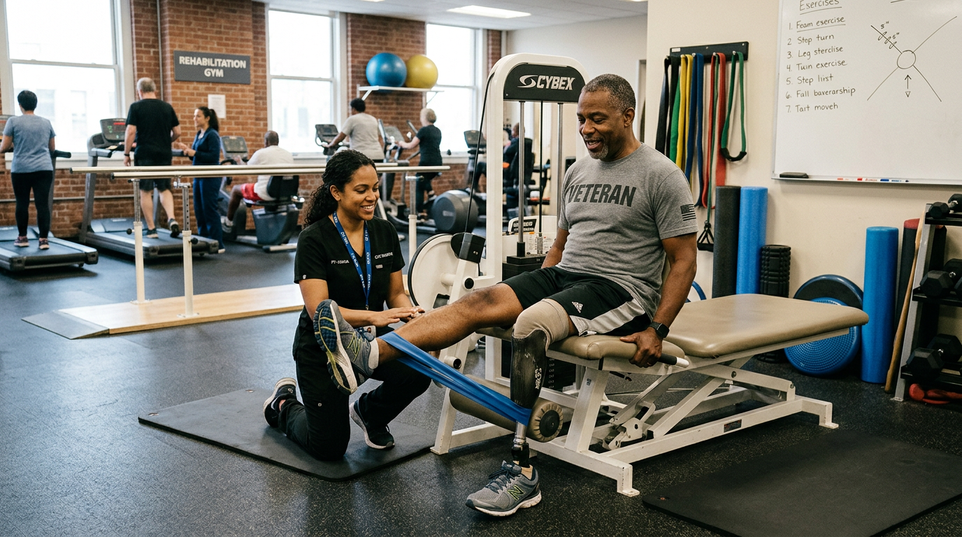 A veteran working through a physical therapy session