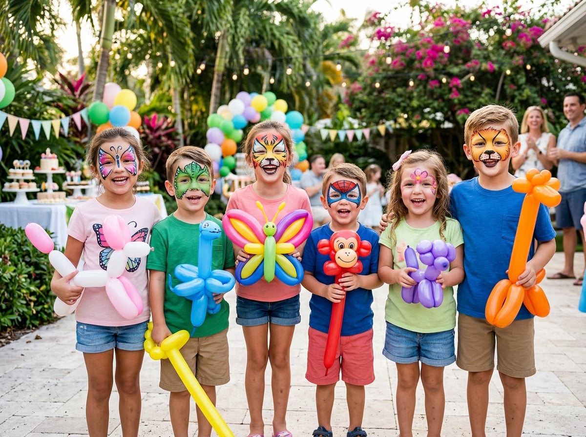 Grupo de niños felices con pintacaritas y globos