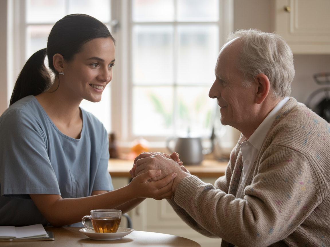 Carer and elderly person chatting warmly in a home setting